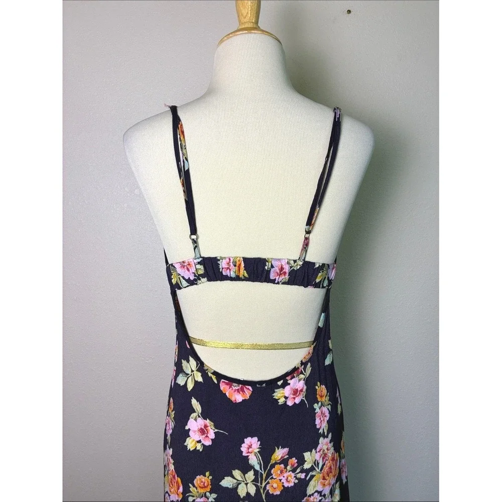 FLINN SKYE Small Black Floral Spaghetti Strap Hi Low Dress Y2K Button‎ Front USA